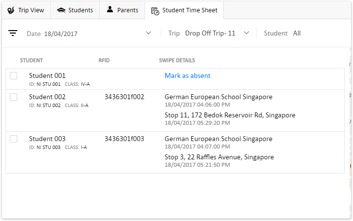 School bus tracking - Student time sheet with real time updates on RFID swipes