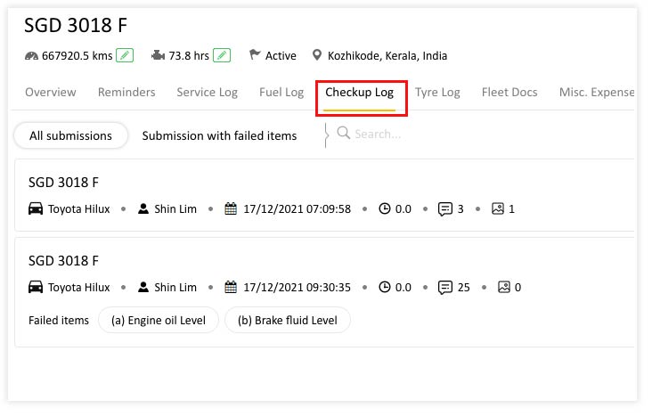 Vehicle checkup Log