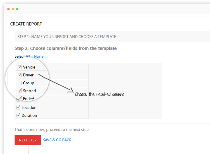 Choose fields/columns from a chosen vehicle tracking report template