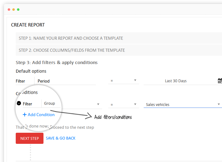 Add filters/conditions to new vehicle tracking report template