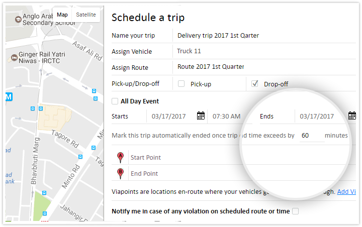 Define custom schedules and get known on time violations and route deviations