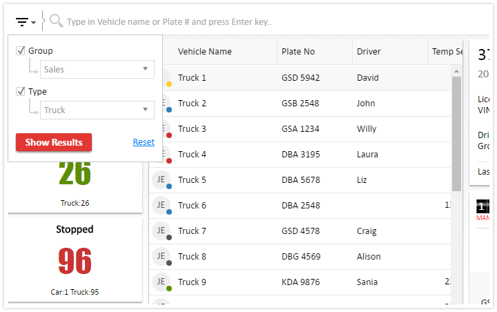 Use group, type filters top list vehicles on AVLView dashboard