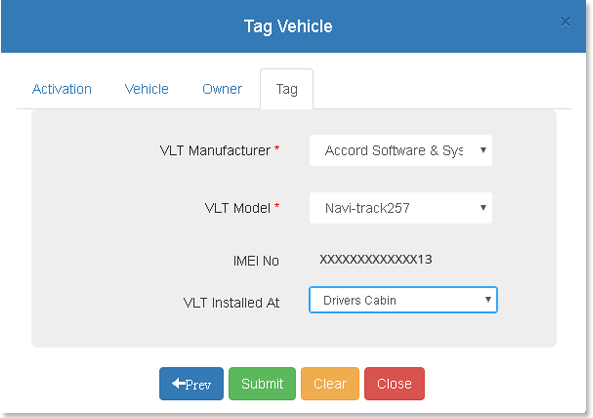 VLT Manufacturer - tag vehicle form